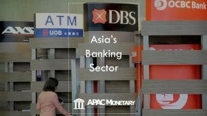 Asia's banking sector with various ATM machines and bank logos